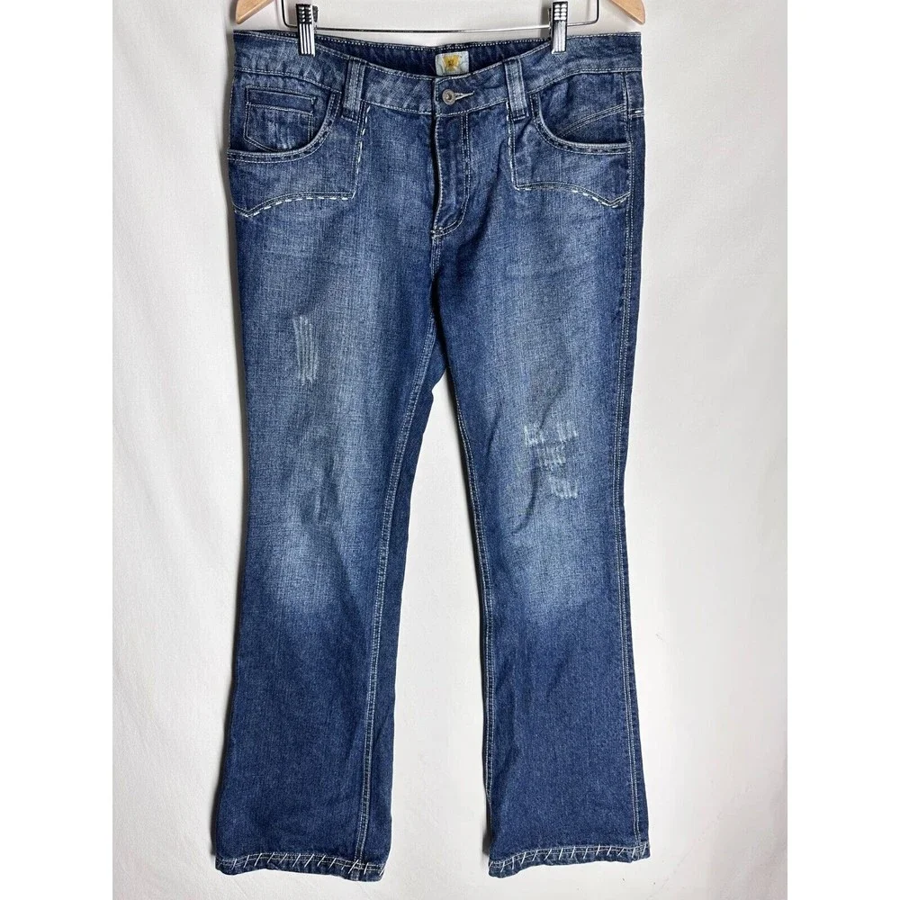 Antik Womens Denim Y2K Mid-Rise Blue Distress Patchwork Cow Girl Jeans Size 32 - Picture 1 of 10